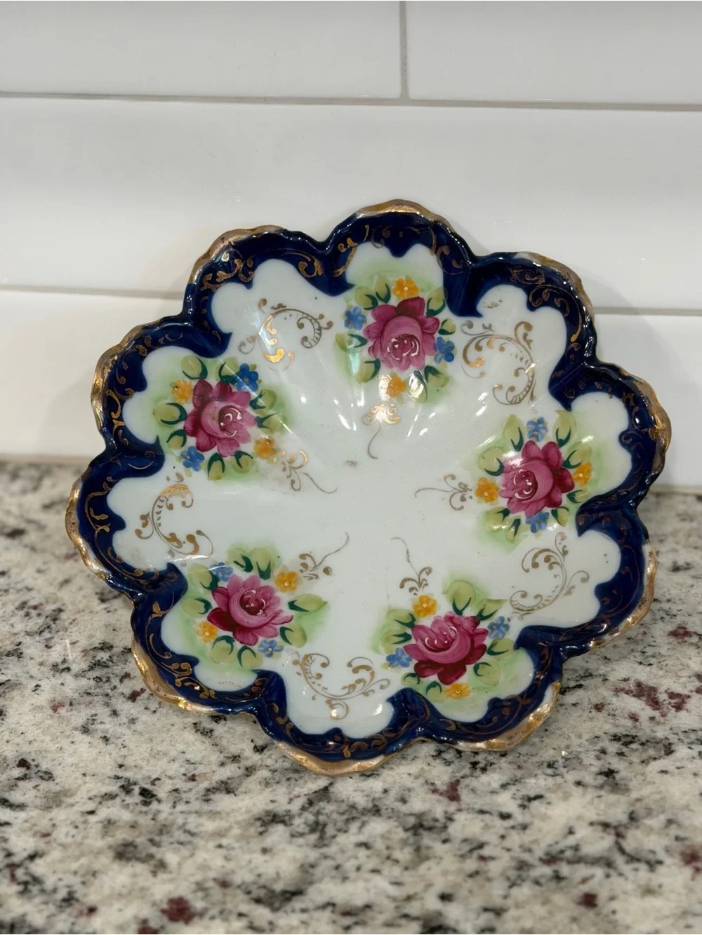 Nippon Hand-Painted Floral Scalloped Porcelain Bowl - Pink Roses & Cobalt Rim